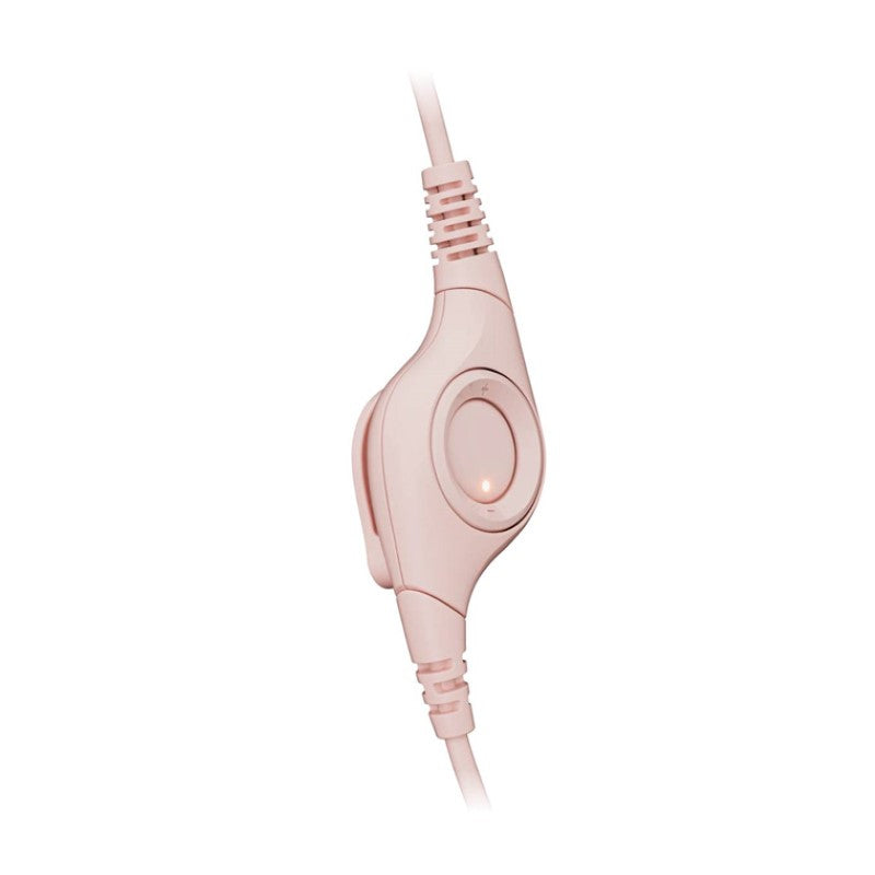 Logitech H390 USB headset in rose color featuring noise-canceling mic, comfortable design, and seamless plug-and-play connectivity.