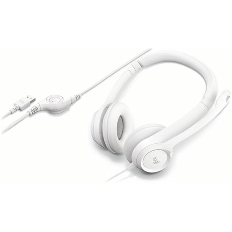 Logitech H390 Off White USB Wired Headset with noise-cancelling mic, plush ear pads, and in-line audio controls.