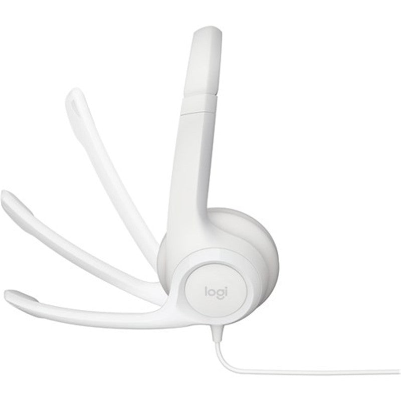 Logitech H390 Off White headset with noise-cancelling mic, plush ear pads, and inline audio controls for clear communication.