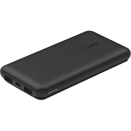 Belkin BoostCharge 10,000mAh power bank in black, featuring 3 ports for simultaneous device charging up to 15W.