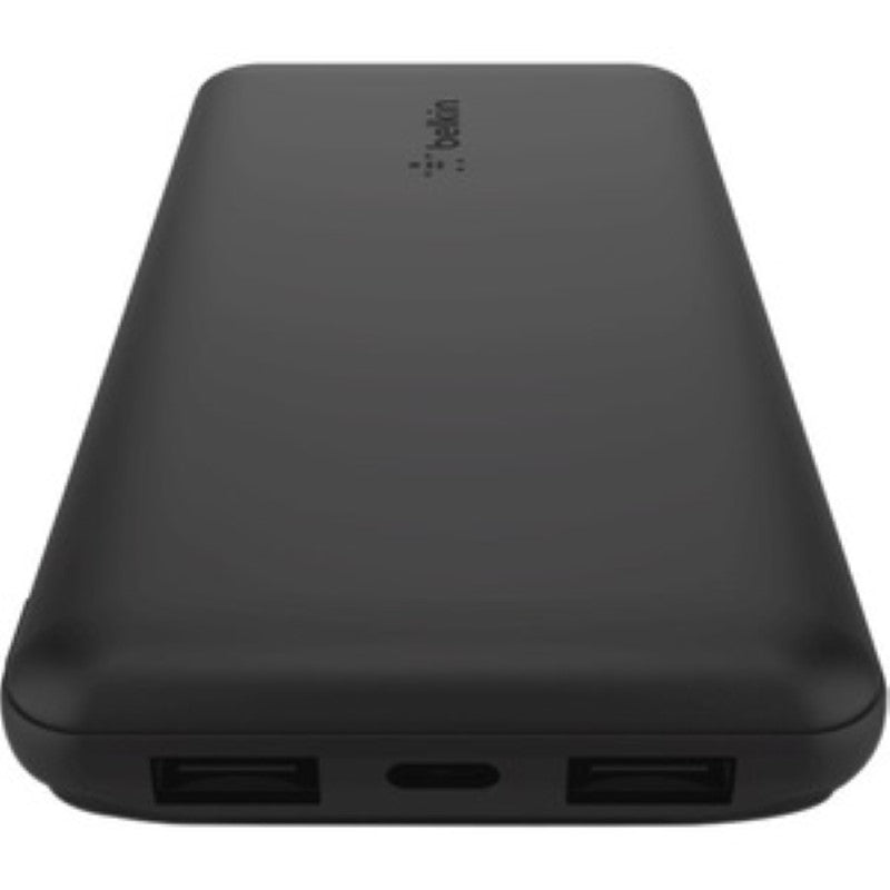 Belkin BoostCharge 10,000mAh power bank in black with USB-A and USB-C ports for charging three devices simultaneously.