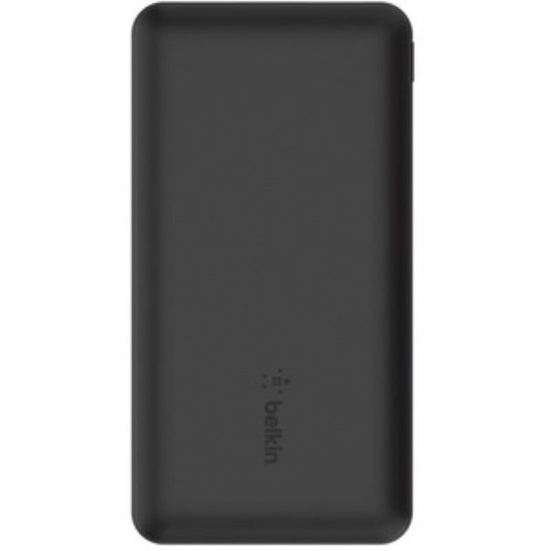 Belkin BoostCharge 10,000mAh power bank in black, charges 3 devices simultaneously with USB-A and USB-C ports.