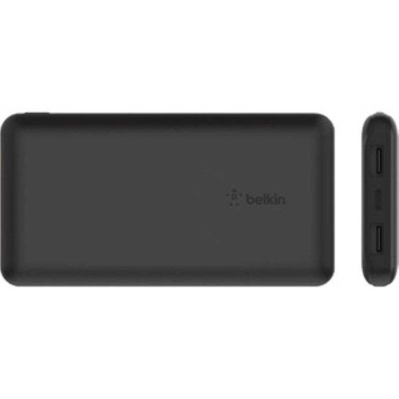Belkin BoostCharge 10,000mAh Power Bank in black, featuring 3 ports for simultaneous fast charging and a USB-C cable.