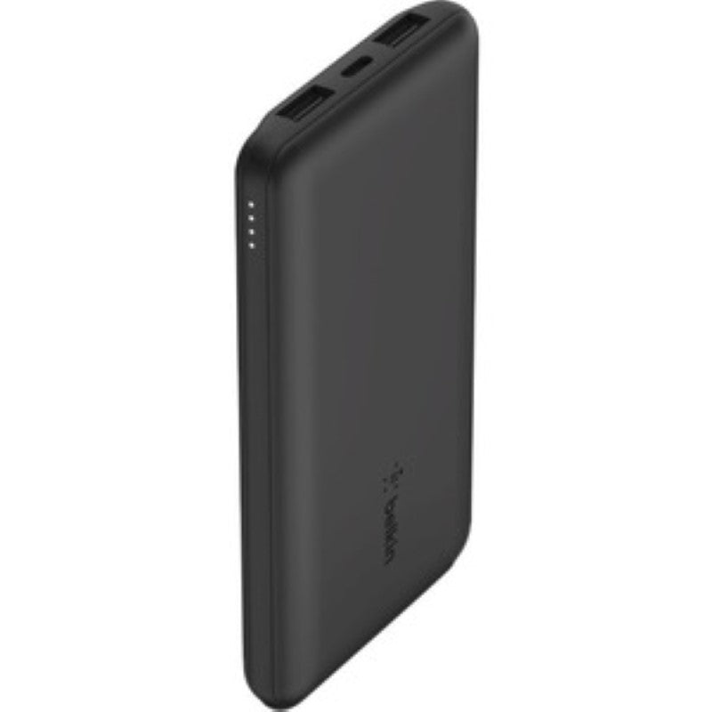Belkin BoostCharge 10,000mAh Power Bank in black, featuring 3 ports for simultaneous charging and a USB-A to USB-C cable.