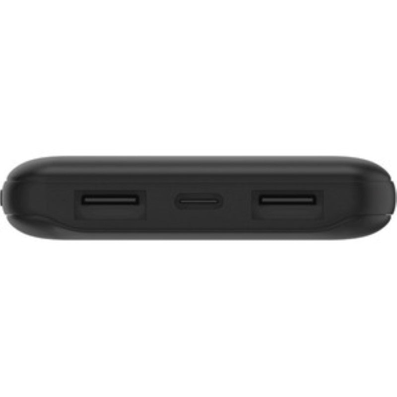 Belkin BoostCharge 10,000mAh power bank in black with three ports, providing portable charging for up to 40 hours.