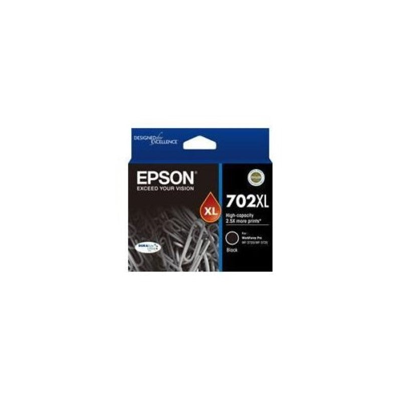 Epson DURABrite Ultra 702XL black ink cartridge for WorkForce Pro 3720/3725, offers high yield, sharp prints, and fast-drying quality.