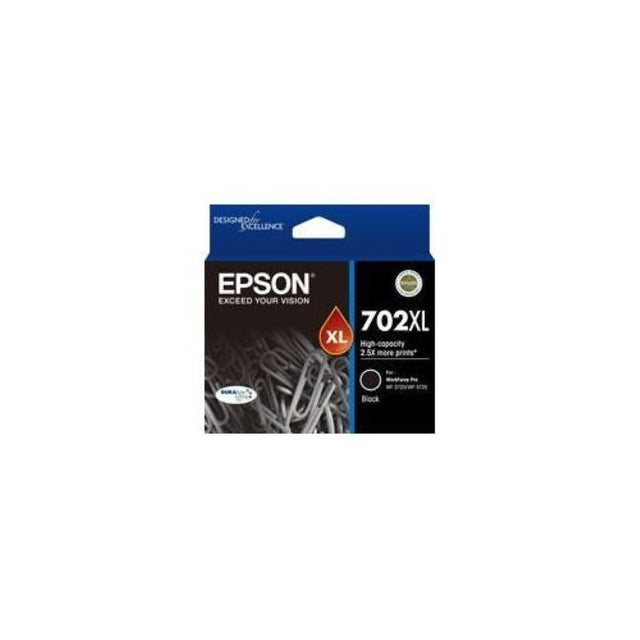 Epson DURABrite Ultra 702XL black ink cartridge for WorkForce Pro 3720/3725, offers high yield, sharp prints, and fast-drying quality.