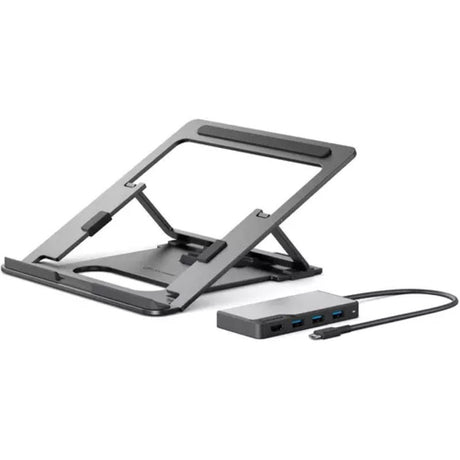 ALOGIC Flex Laptop Stand with USB-C Hub, adjustable height for ergonomic comfort and enhanced connectivity options.