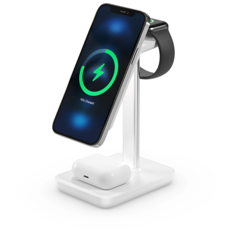 Alogic Journey 3-in-1 Wireless Charging Stand for iPhone, Apple Watch & AirPods with MagSafe technology in a sleek design.