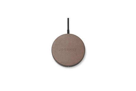 Alogic JOURNEY MagSafe wireless charger in dark brown leather, 15W fast charging, elegant and safe design.