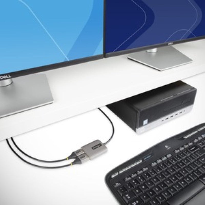 StarTech DisplayPort MST Hub connecting two 4K monitors at 60Hz, featuring HDR support and a 30cm built-in cable.