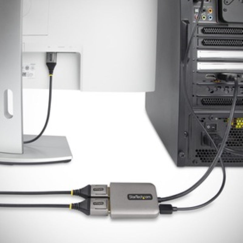 StarTech DisplayPort MST Hub enabling dual 4K 60Hz display output with HDR, featuring a 30cm built-in cable and USB power.