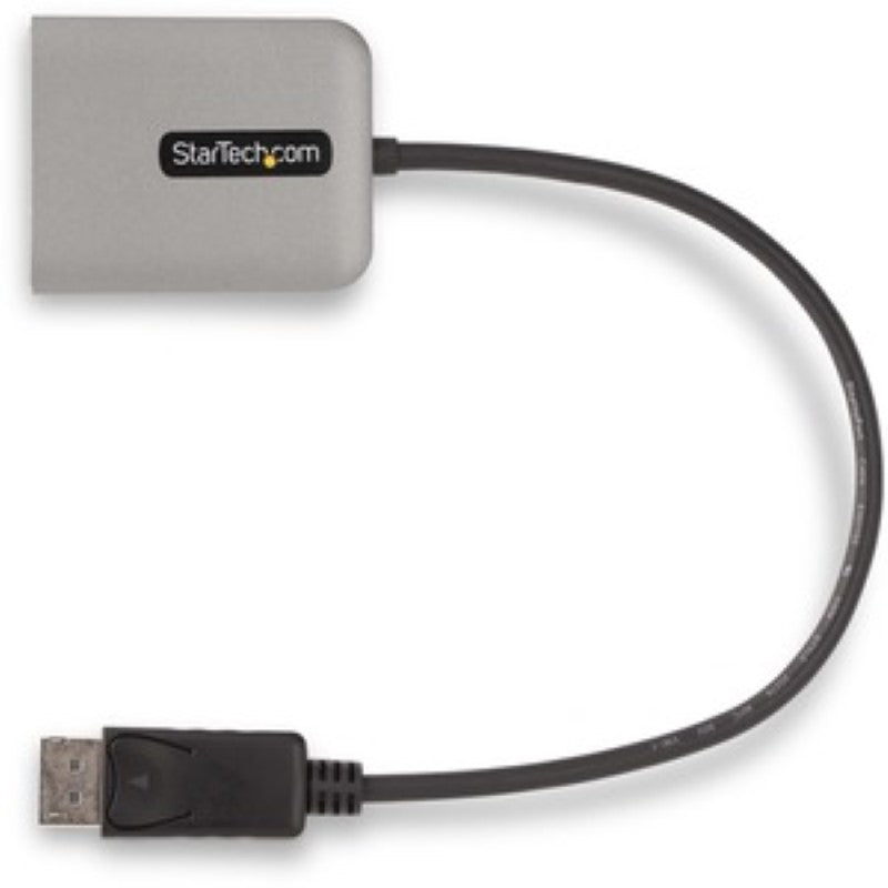 StarTech DisplayPort MST Hub connecting two 4K monitors, featuring HDR support, USB power, and a built-in 30cm cable.