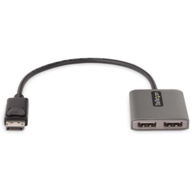 StarTech DisplayPort MST Hub connects two 4K monitors at 60Hz, HDR support, USB powered, 30cm built-in cable.
