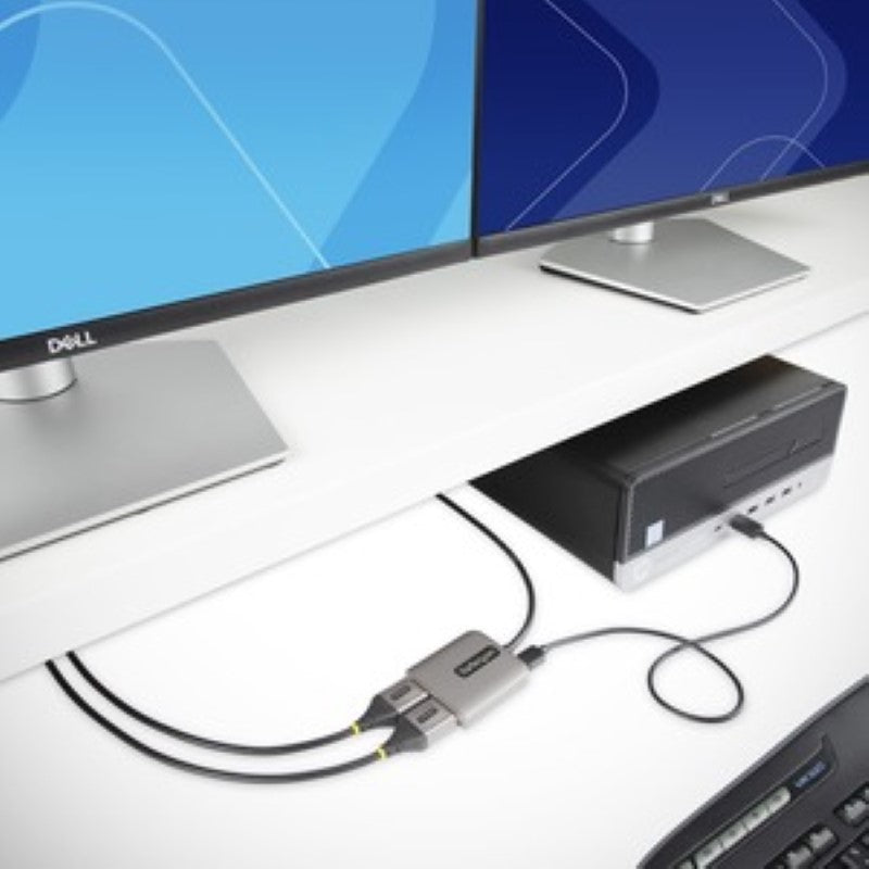 StarTech DisplayPort MST Hub connects two 4K 60Hz monitors via a single DisplayPort, supporting HDR and USB power.