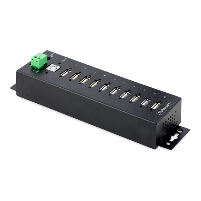 Rugged 10-Port Industrial USB 2.0 HUB with ESD protection, durable steel housing, and lockable ports for harsh environments.