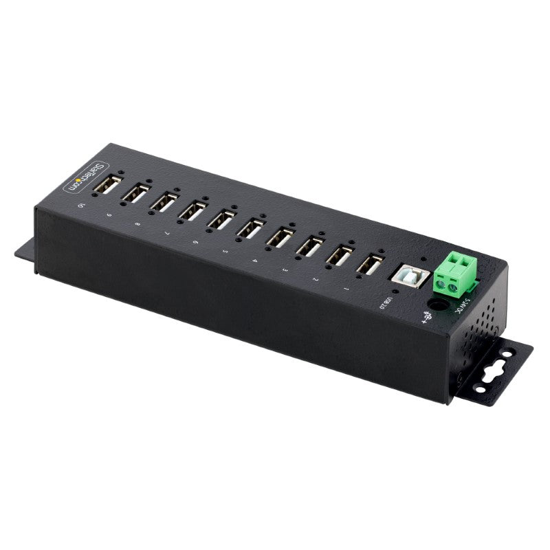 Rugged 10-Port USB 2.0 Hub with ESD protection, lockable ports, and flexible mounting options for harsh environments.