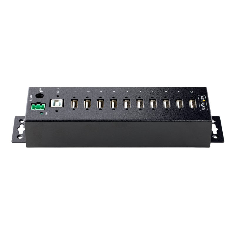Rugged 10-port industrial USB 2.0 hub with ESD protection and durable steel housing for harsh environments.