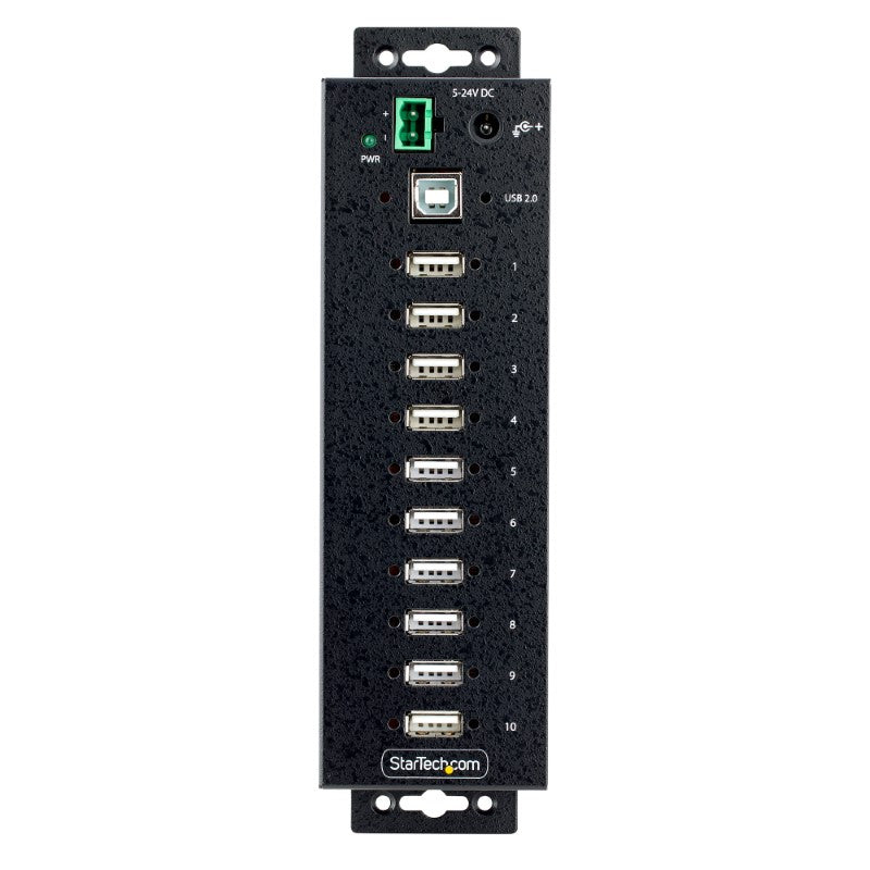 Rugged 10-Port USB 2.0 hub with durable steel housing and ESD protection for industrial settings.
