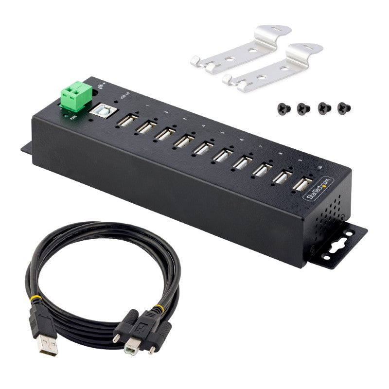 Rugged 10-Port Industrial USB 2.0 Hub with ESD protection and secure lockable ports for harsh environments.