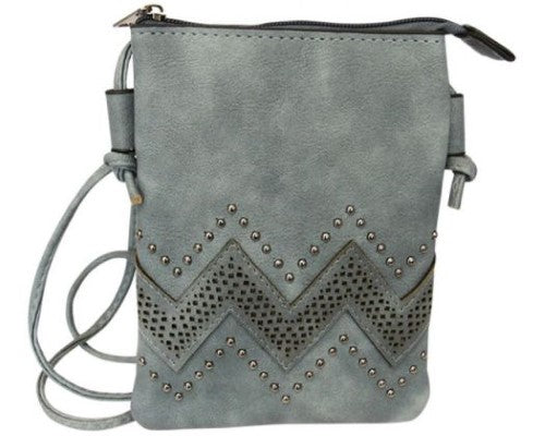 Chic blue shoulder bag with wave design, pearl studs, zip closure, and handy pocket; perfect for day or night outings.