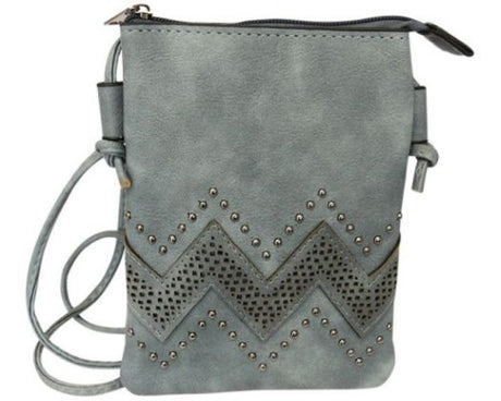 Chic blue shoulder bag with wave design, pearl studs, zip closure, and handy pocket; perfect for day or night outings.