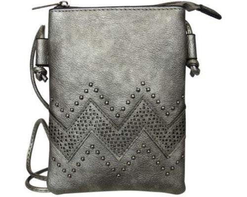 Stylish silver PU shoulder bag with wave design, pearl studs, zip main compartment, and back pocket for essentials.