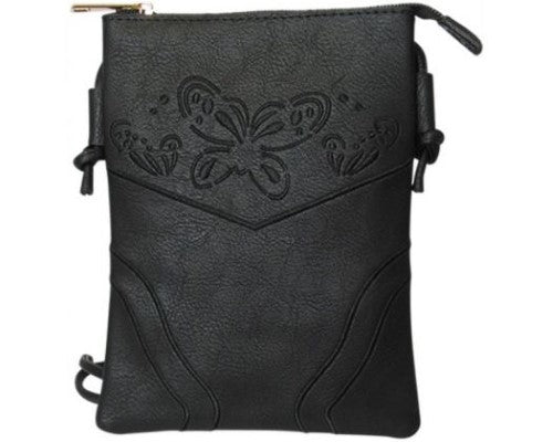 Stylish black leather-look PU shoulder bag with butterfly design, zip top, and adjustable strap for comfort.