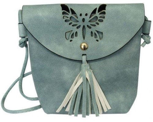 Soft light blue shoulder bag with cut-out butterfly design, tassel, zip closure, and back pocket for easy access.