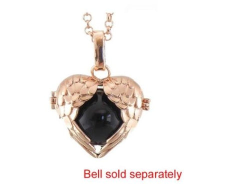 Elegant rose gold Angel Caller Necklace with wings design, 80cm chain, features a locket for a chiming ball bell.