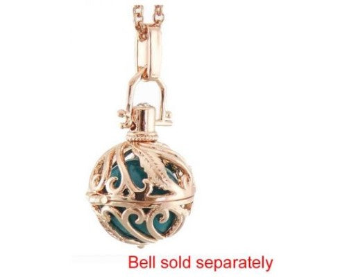 Rose gold Angel Caller necklace with swirl locket, 80cm chain, designed to summon guardian angels and bring good luck.