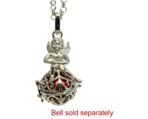 Rhodium-plated Angel Caller locket featuring a cherub, on an 80cm chain; symbolizes love and protection.