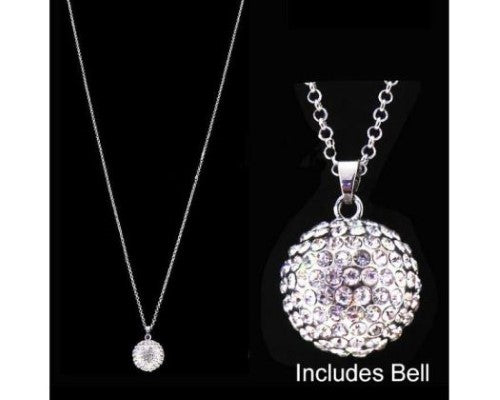 Elegant Angel Caller Necklace featuring a crystal ball and brass bell, symbolizing protection and good luck.