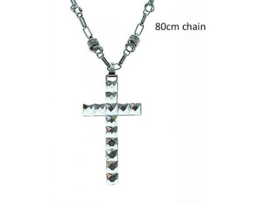 Gunmetal necklace featuring a square clear diamante cross pendant, elegant and edgy for any occasion.