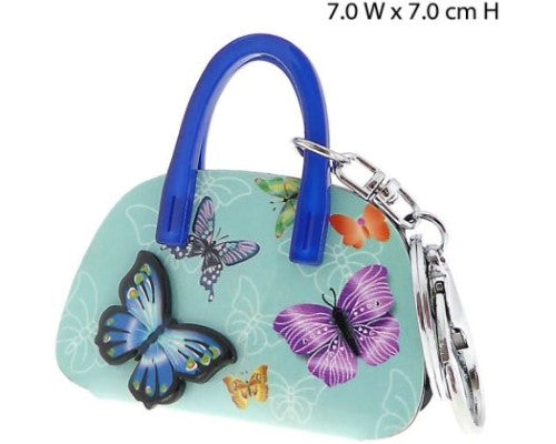 Acrylic keyring handbag featuring a vibrant blue butterfly design, compact and functional accessory for organizing keys.