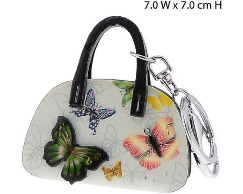 Grey butterfly design key ring handbag, stylish 3D acrylic, 7cm, perfect for keys and fashion-forward outings.