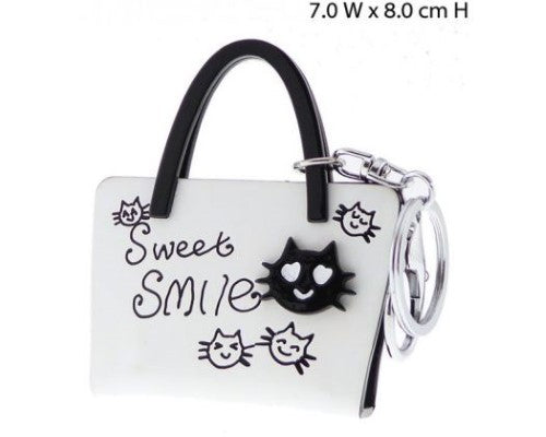 Grey acrylic key ring handbag featuring playful 3D Smiley Cats, perfect for keys and fun accessories.