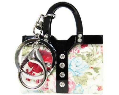 Acrylic key ring handbag with flower bling design, 6.0cm W x 7.0cm H, perfect for holding keys and small essentials.