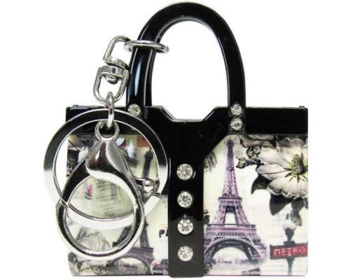 Chic acrylic key ring handbag with sparkling embellishments, measuring 6.0cm W x 7.0cm H, perfect for stylish key storage.