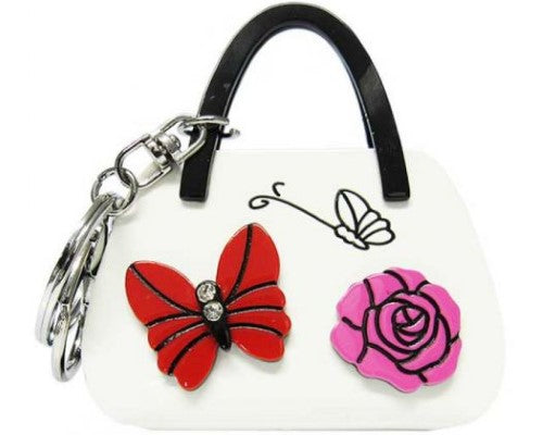 Acrylic key ring handbag featuring vibrant butterfly and rose designs, measuring 7.5cm x 8.0cm.