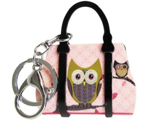 Acrylic key ring handbag featuring whimsical owl design on pink, perfect for style and functionality.