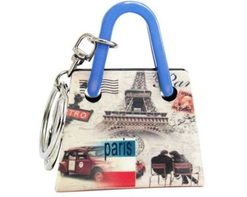 Chic acrylic key ring handbag in Paris Romance design, perfect for keys, cards, and small essentials.