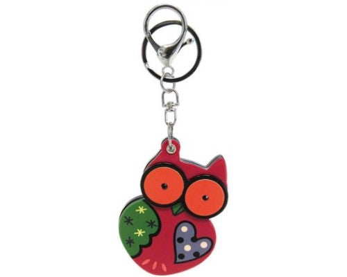 Owl-shaped keyring with a slide-open cosmetic mirror, measuring 7.5 x 5.5 cm.