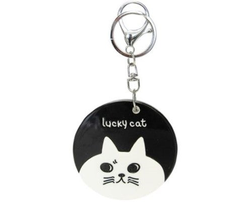 Black and white lucky cat mirror keyring, 6.7 cm, compact for handbags or home use.