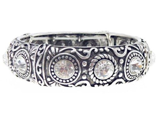 Antique silver bracelet featuring elegant circles and sparkling diamantes, perfect for any occasion.