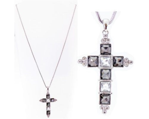Elegant cross necklace featuring a square black diamond and clear crystals, hanging on an 80cm chain.