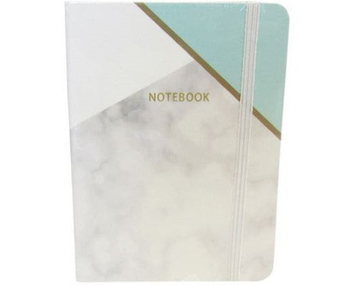 Elegant blue marble notebook with lined pages and elastic closure, perfect for writing and sketching on the go.