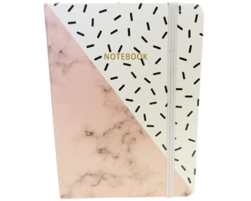 Elegant black and white marble notebook with lined pages and elastic band closure, measuring 14.5 x 10.5 cm.