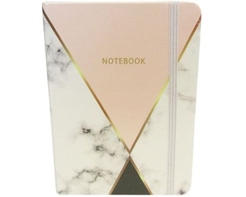 Elegant pink marble notebook with lined pages and elastic closure, perfect for journaling and note-taking on the go.