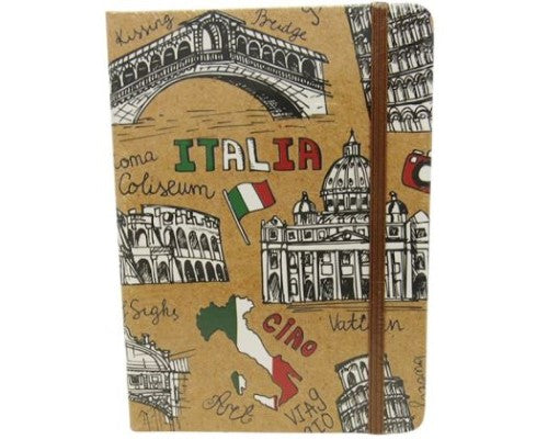 Travel-themed notebook featuring lined pages and elastic closure, perfect for jotting down Italy adventures.